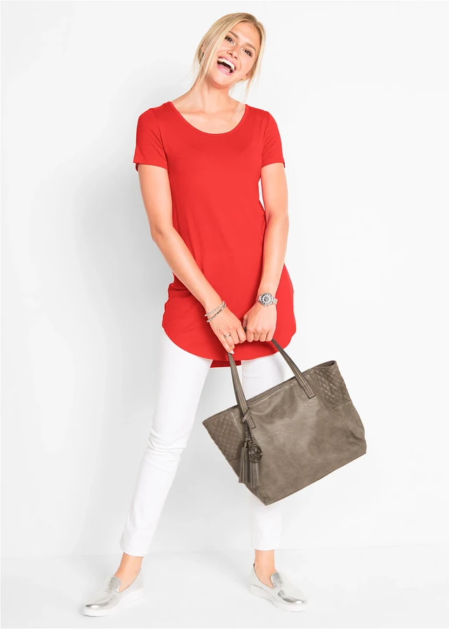 T-shirt long en viscose douce, Couleur: fraise