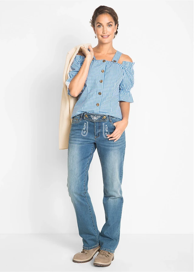 Tiroler blouse, halflange mouw, Kleur: hemelsblauw-wit geruit