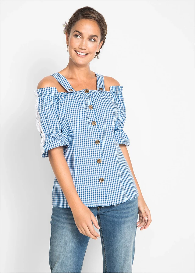 Tiroler blouse, halflange mouw • hemelsblauw-wit geruit • product-page.page-title-suffix