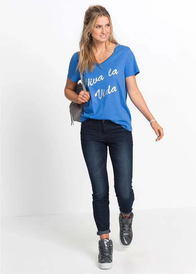 Jean skinny, taille mi-haute, raccourci, Couleur: bleu foncé denim