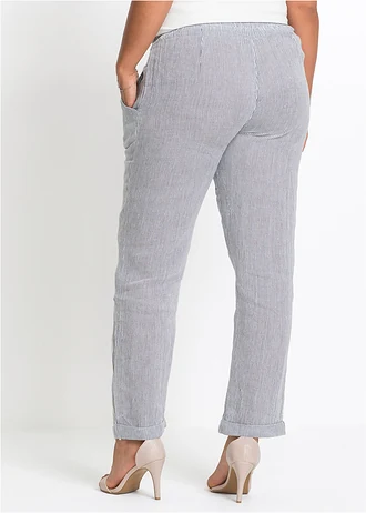 Pantalon en lin mélangé, taille élastiquée, Couleur: anthracite/blanc rayé