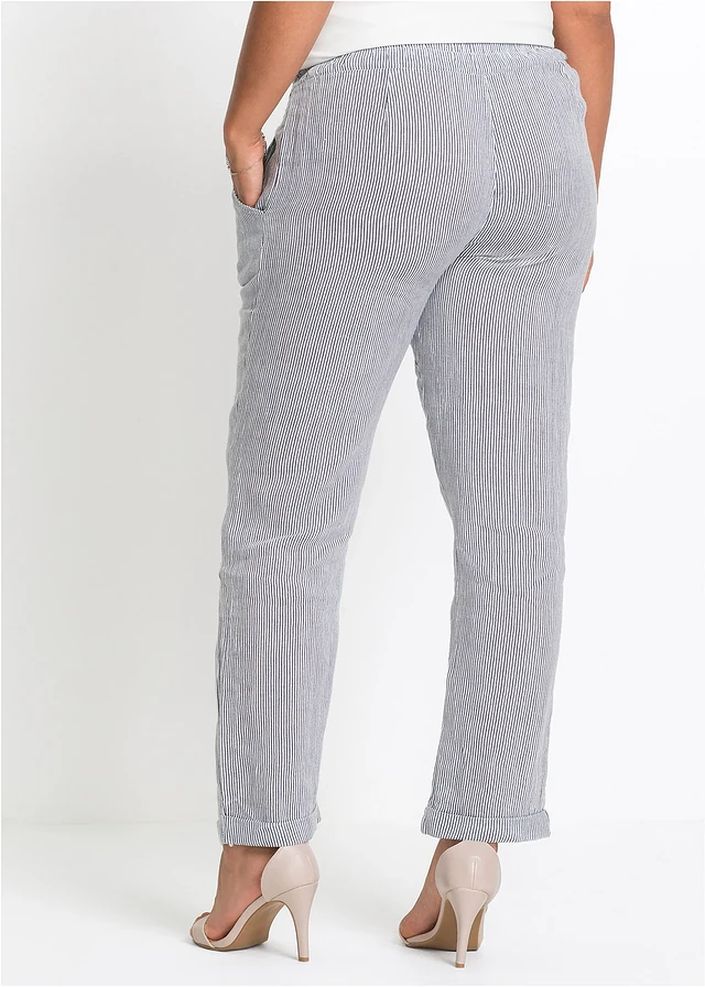 Linnen broek met elastische band, Kleur: antraciet-wit gestreept