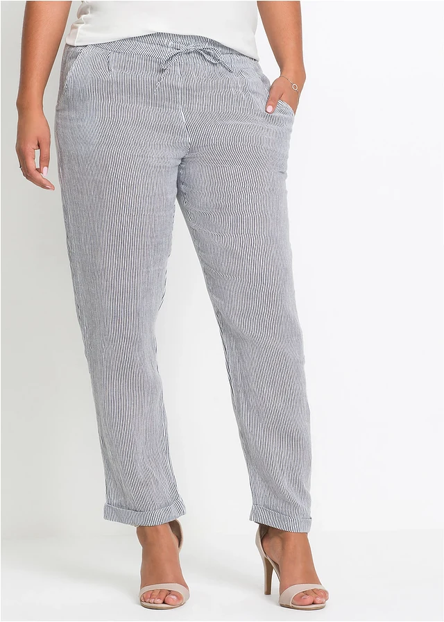 Linnen broek met elastische band, Kleur: antraciet-wit gestreept