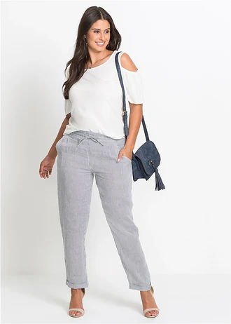 Pantalon en lin mélangé, taille élastiquée, Couleur: anthracite/blanc rayé