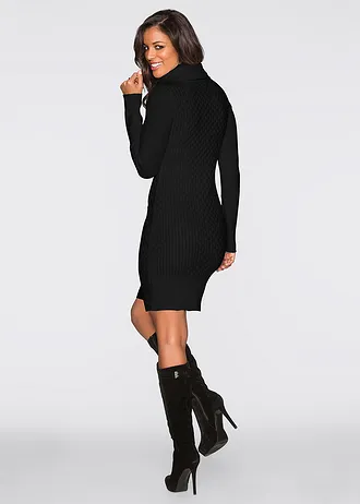 Accentuerende, gebreide jurk met col, Kleur: zwart
