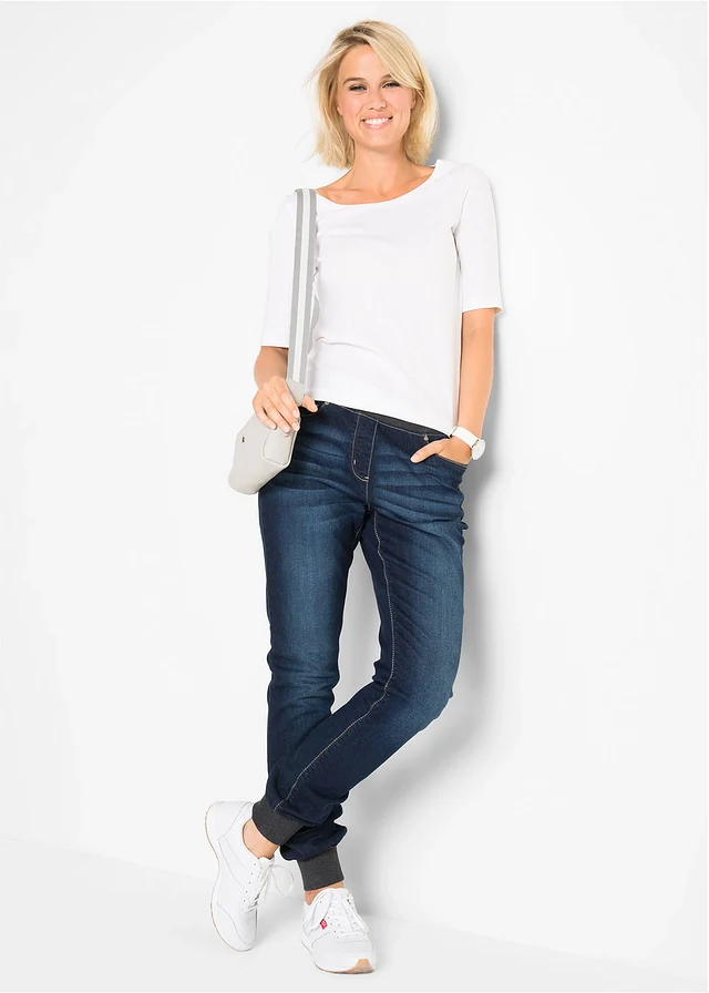 Boyfriend jeans mid waist met comfortband, Kleur: nachtblauw denim