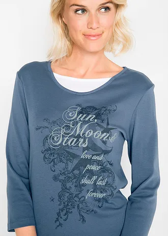 Bavlněné triko 2v1, 3/4 rukáv • indigo s potiskem • bonprix obchod