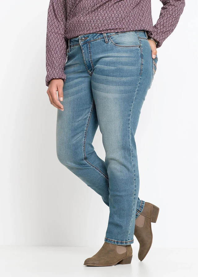 Jean droit taille mi-haute, extensible, Couleur: bleu denim