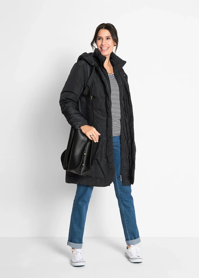 Manteau court légèrement rembourré à capuche, Couleur: noir