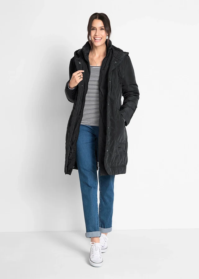 Manteau court légèrement rembourré à capuche, Couleur: noir