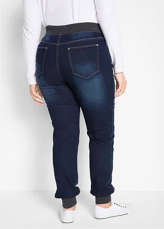 Boyfriend jeans mid waist met comfortband, Kleur: nachtblauw denim