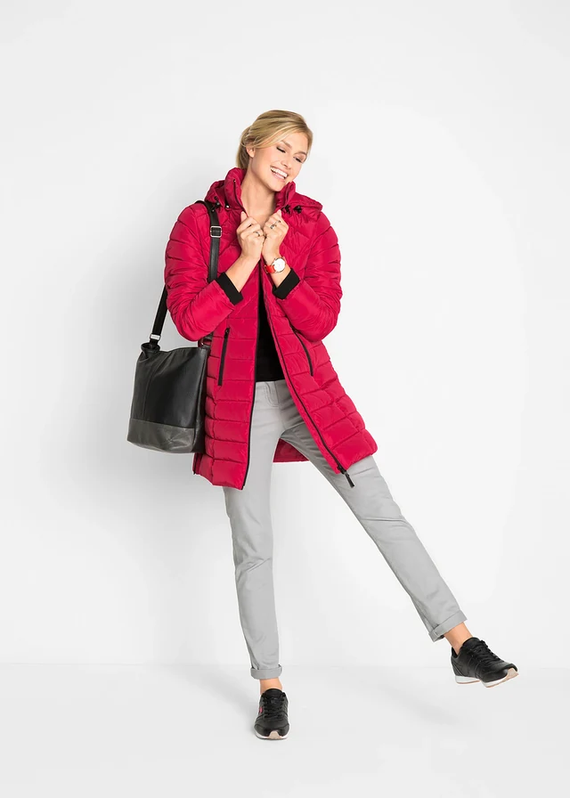 Lange, gewatteerde jas, Kleur: rood