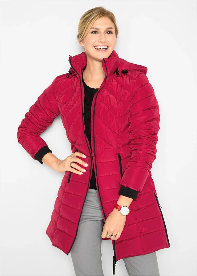 Lange, gewatteerde jas, Kleur: rood