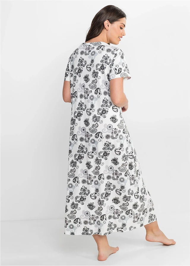 Chemise de nuit longue en coton, Couleur: écru-gris motif