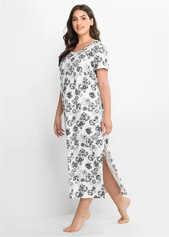 Hosszú hálóing bio-pamutból, szín: gyapjúfehér-szürke mintás