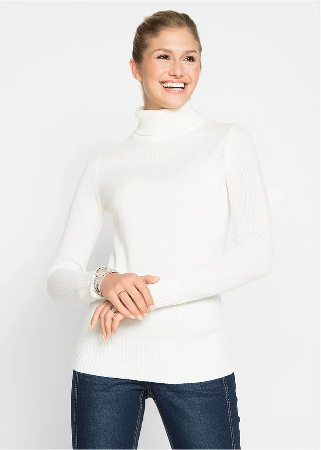 Pull col roulé basique en fine maille, Couleur: écru