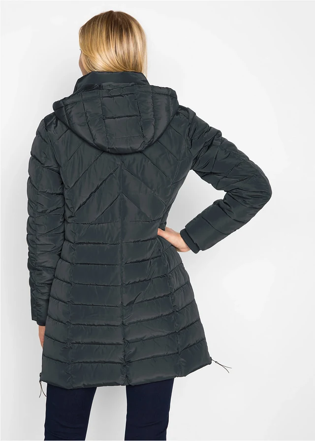 Lange, gewatteerde jas, Kleur: zwart