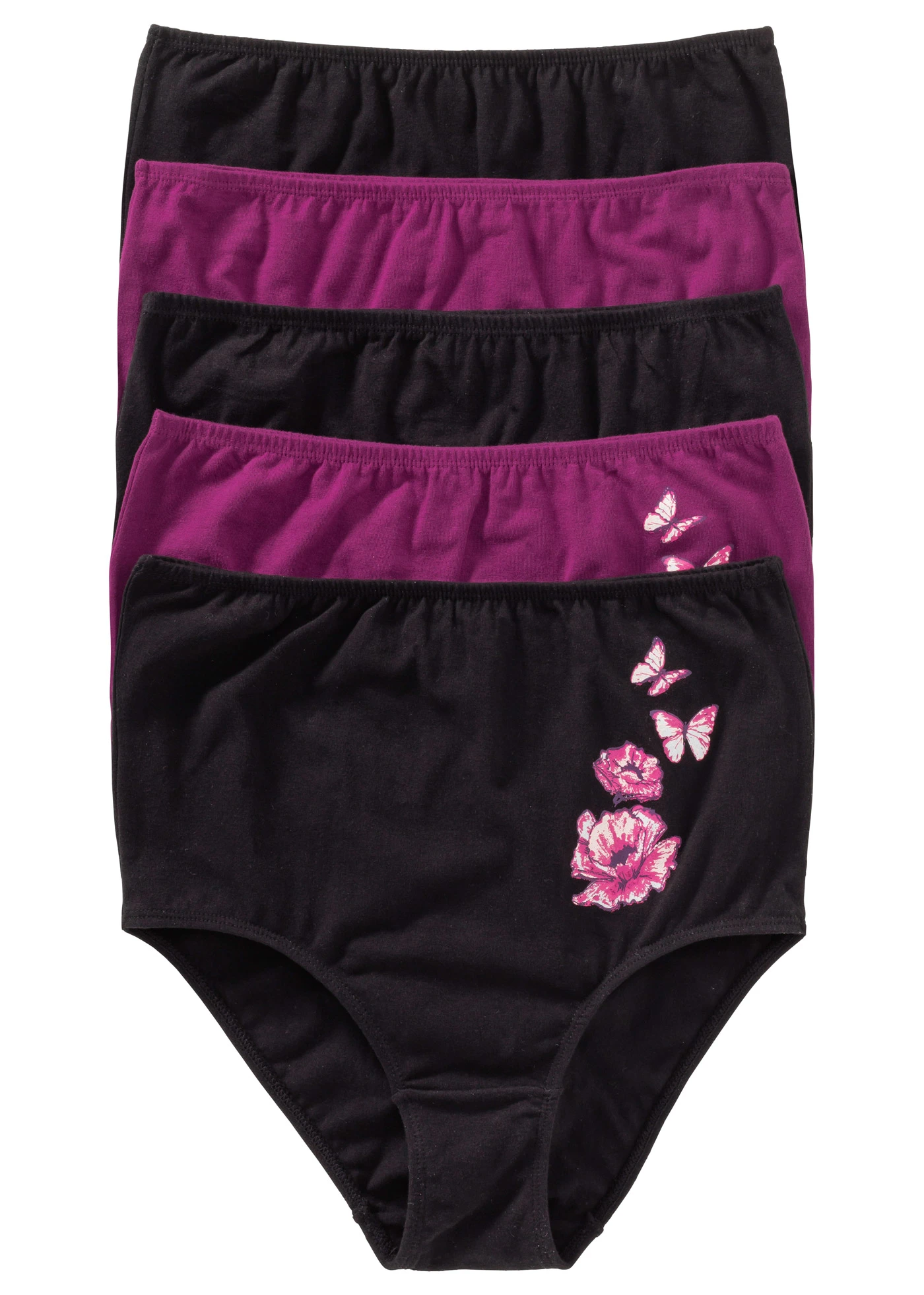 Lot de 5 slips taille haute coton • noir-violet imprimé • Boutique bonprix