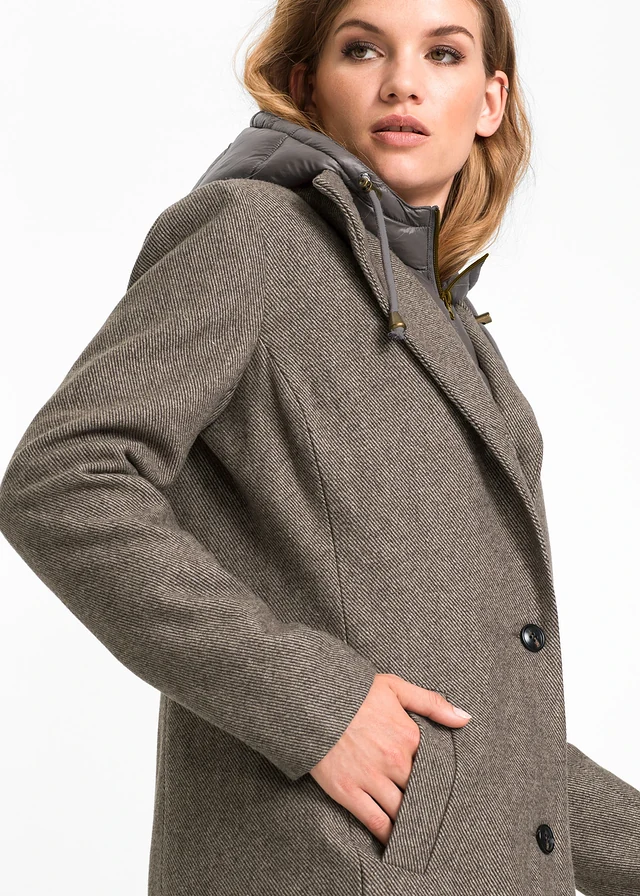 Korte winter coat in wollen look, in layerlook • rietbeige • product-page.page-title-suffix