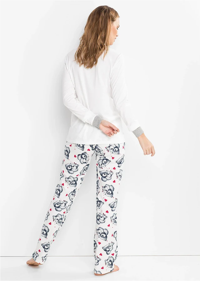 Pyjama avec application en flanelle, Couleur: écru/bleu foncé imprimé