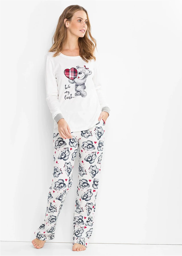 Pyjama avec application en flanelle, Couleur: écru/bleu foncé imprimé