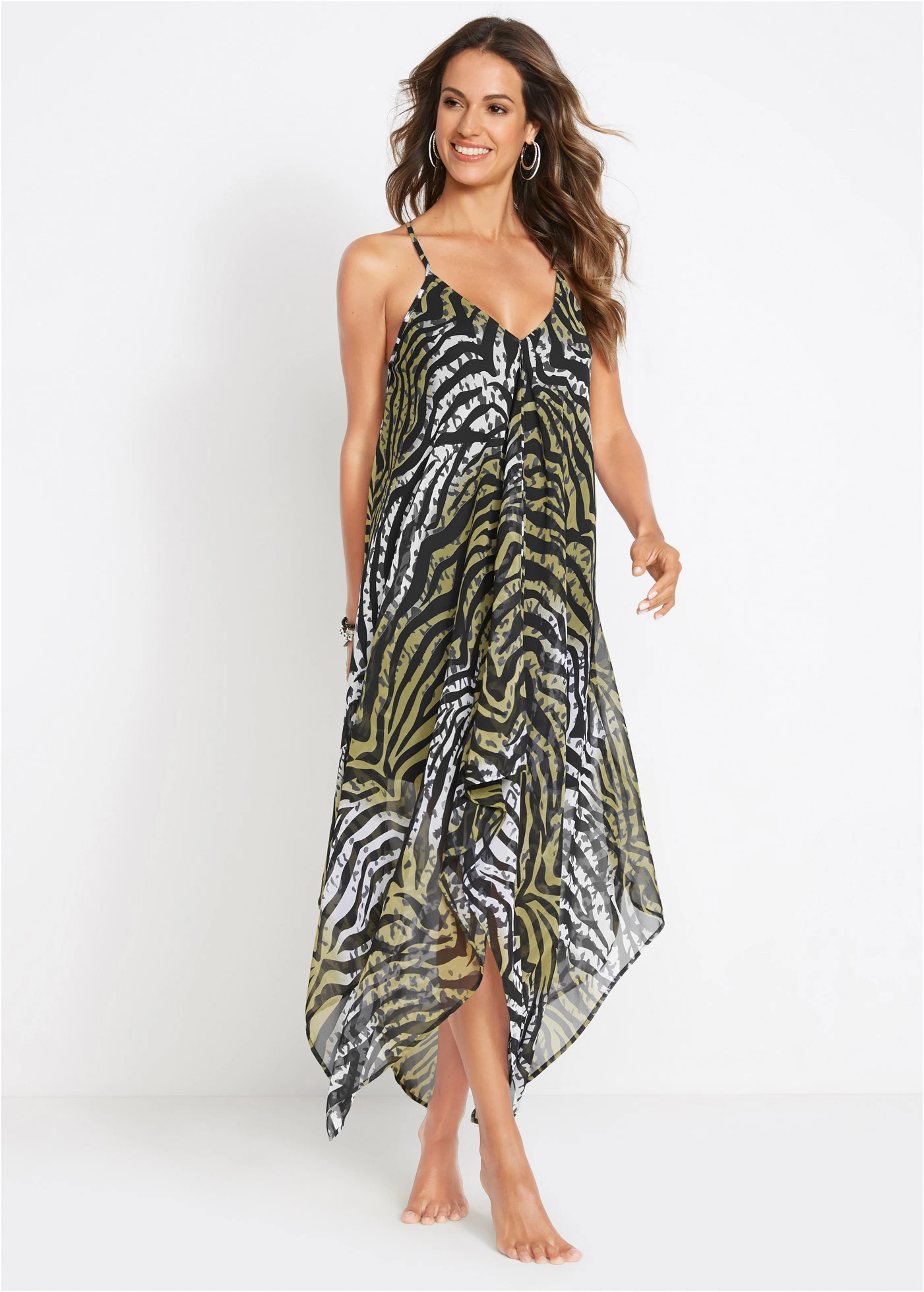 Transparante maxi strandjurk van lichte chiffon • olijfgroen zebraprint • bonprix online shop