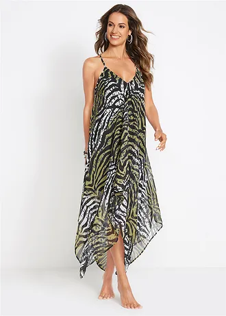 Rochie maxi transparentă de plajă din șifon vaporos • verde-oliv cu imprimeu zebră • magazin bonprix