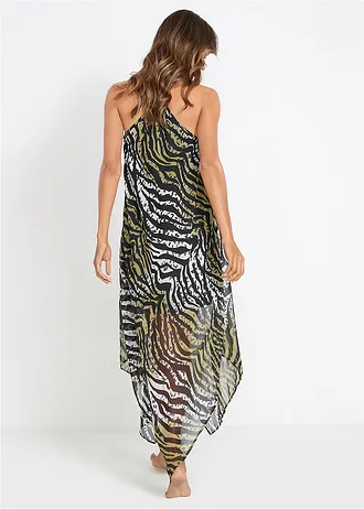 Robe de plage longue et transparente en mousseline légère, Couleur: vert olive zèbre