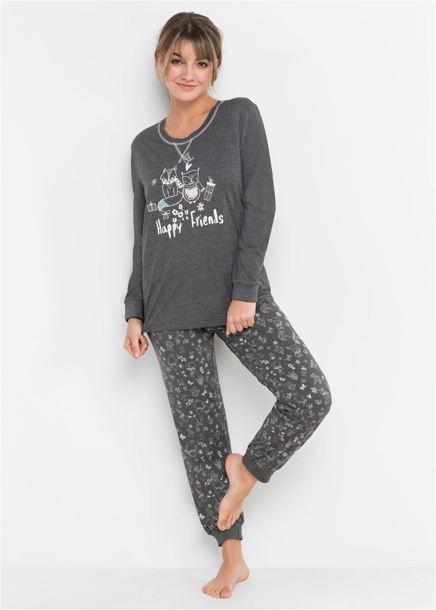 Pijama cu bumbac organic • antracit melanj cu imprimeu • magazin bonprix