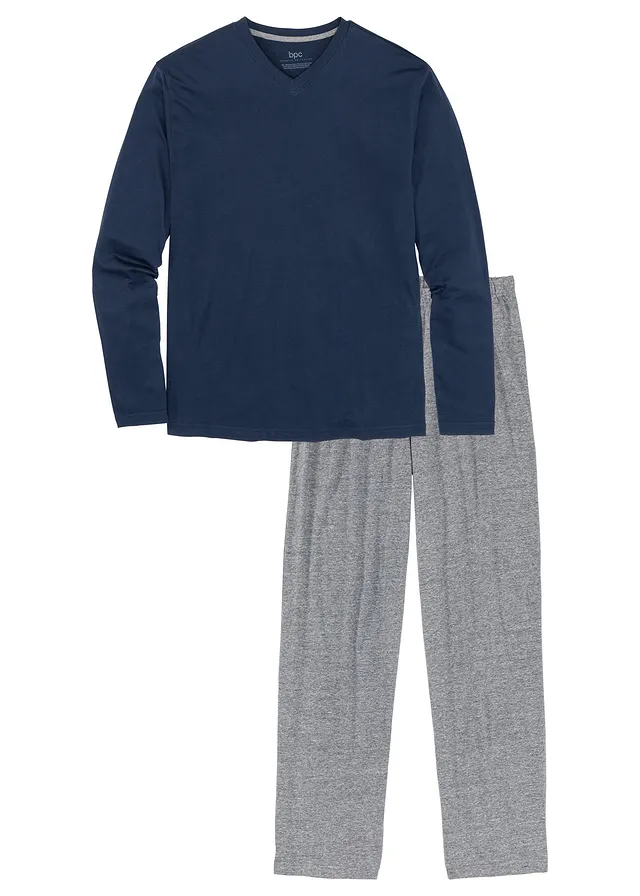 Pyjama à manches longues • bleu foncé + gris chiné • Boutique bonprix