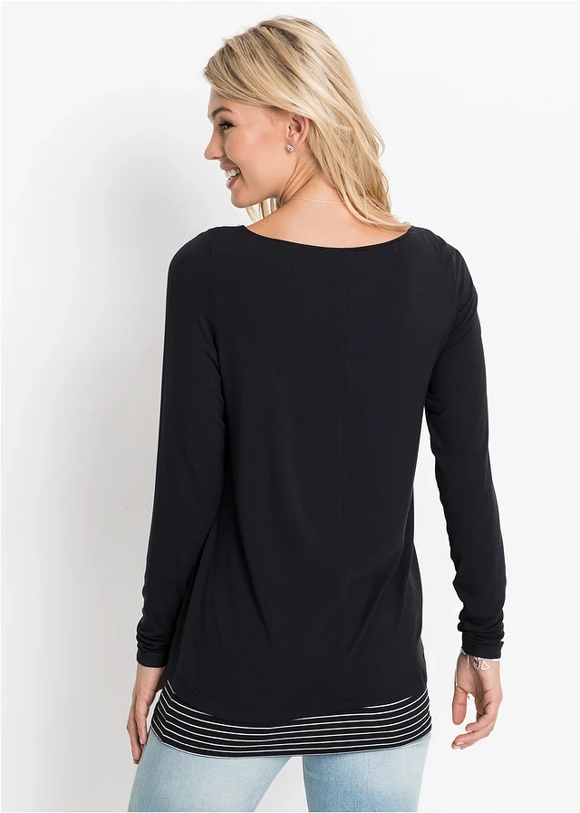 Długi shirt z długim rękawem, dwuwarstwowy, kolor: czarno-biały w paski