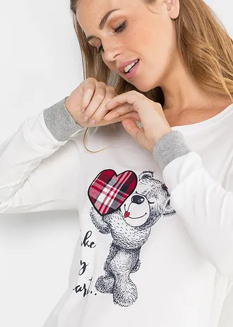 Pyžamo s flanelovou aplikací • přírodně bílá s tmavě modrým potiskem • bonprix obchod