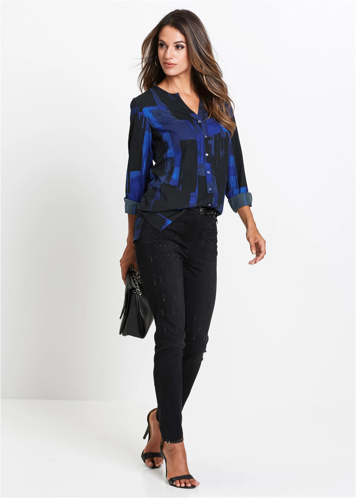 Gedessineerde lange chiffon blouse • saffierblauw-zwart • bonprix online shop