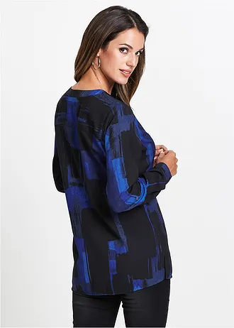 Chemisier long imprimé en mousseline • bleu saphir + noir • Boutique bonprix