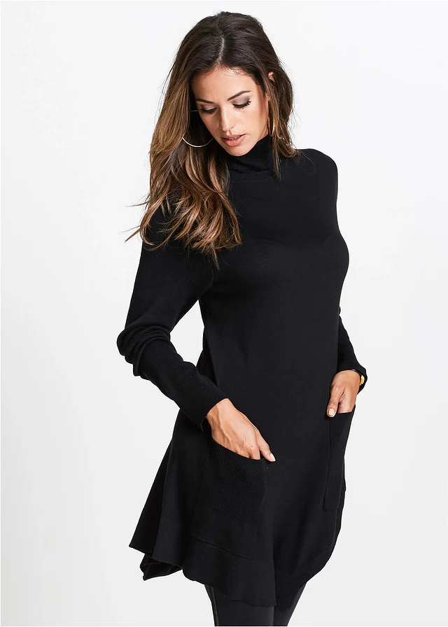Pull long en viscose mélangée, Couleur: noir