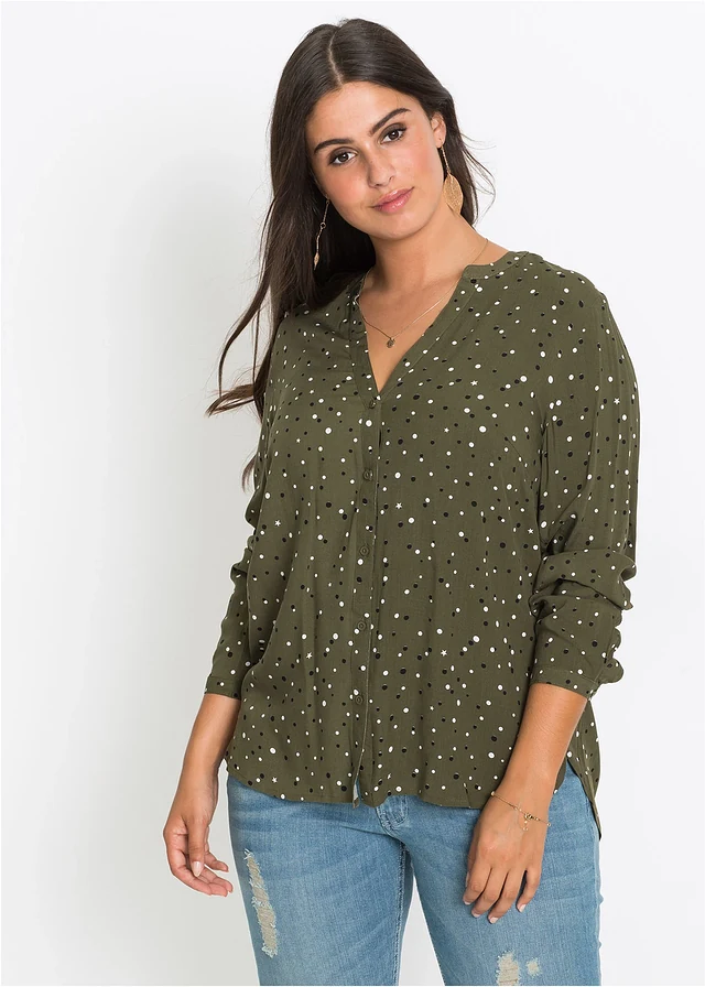 Blouse met stippen, Kleur: donker olijfgroen gestippeld