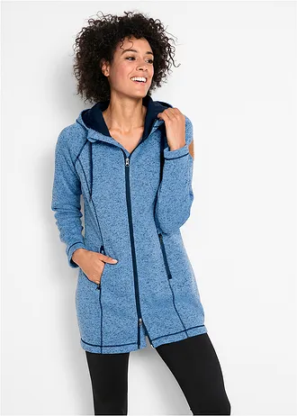 Veste longue polaire à capuche • bleu moyen-bleu foncé chiné • Boutique bonprix