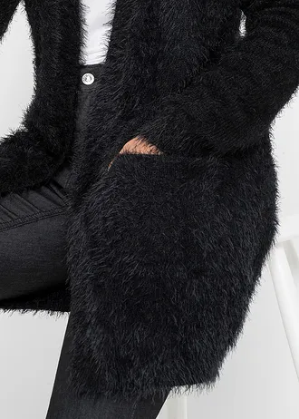 Lang gebreid vest in fluffy look • zwart • bonprix online shop