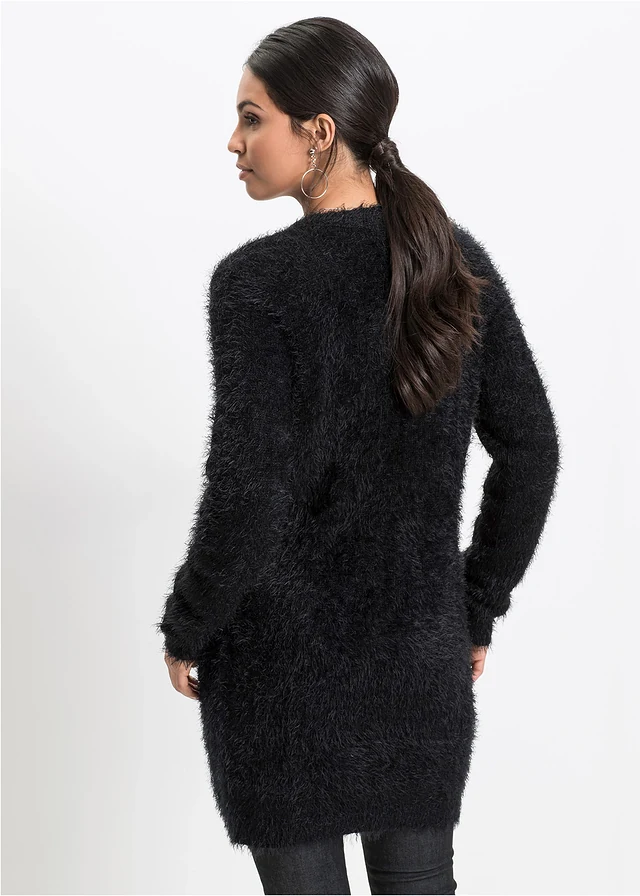 Gilet long en maille duveteuse, Couleur: noir