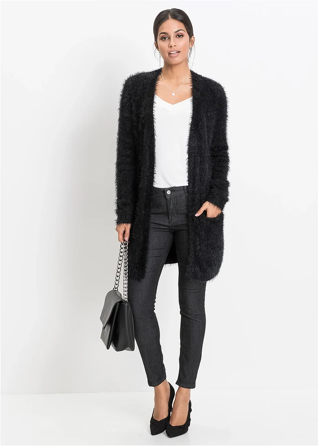 Gilet long en maille duveteuse, Couleur: noir