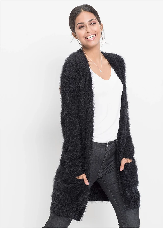Gilet long en maille duveteuse, Couleur: noir