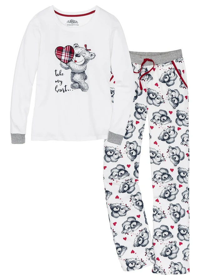 Pyjama avec application en flanelle, Couleur: écru/bleu foncé imprimé