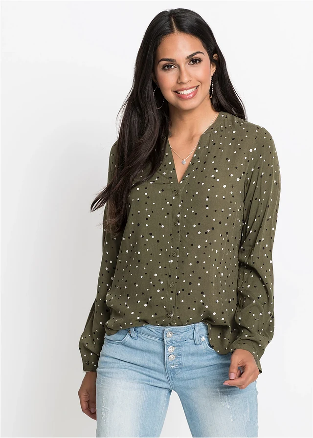 Blouse met stippen, Kleur: donker olijfgroen gestippeld