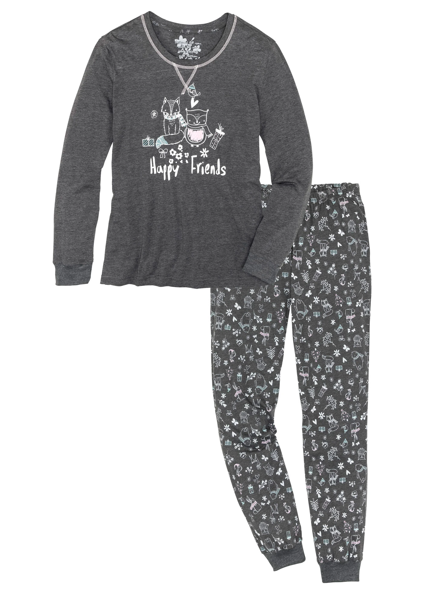 Pizsama bio-pamuttal • antracitszürke melírozott/mintás • bonprix áruház