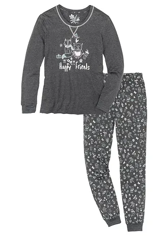 Pijama cu bumbac organic • antracit melanj cu imprimeu • magazin bonprix