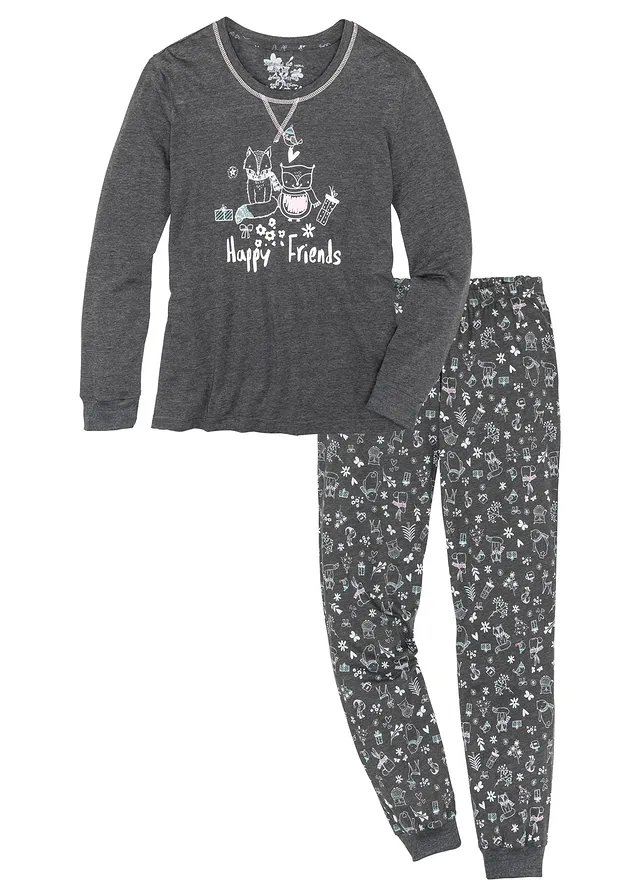 Pizsama bio-pamuttal • antracitszürke melírozott/mintás • bonprix áruház