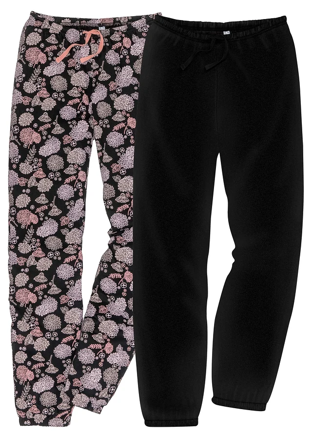 Lot de 2 pantalons de pyjama pur coton, Couleur: noir imprimé