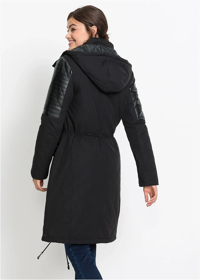 Parka longue à empiècement contrastant, Couleur: noir