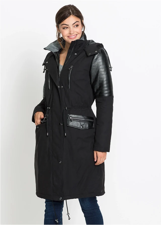 Canadiană lungă cu inserție din imitație de piele • negru • magazin bonprix