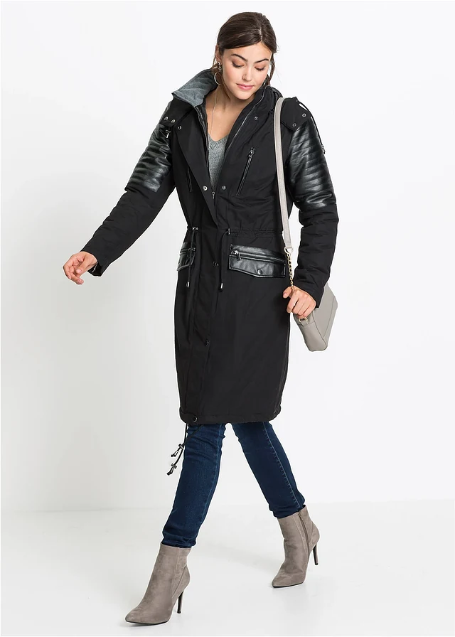 Canadiană lungă cu inserție din imitație de piele • negru • magazin bonprix